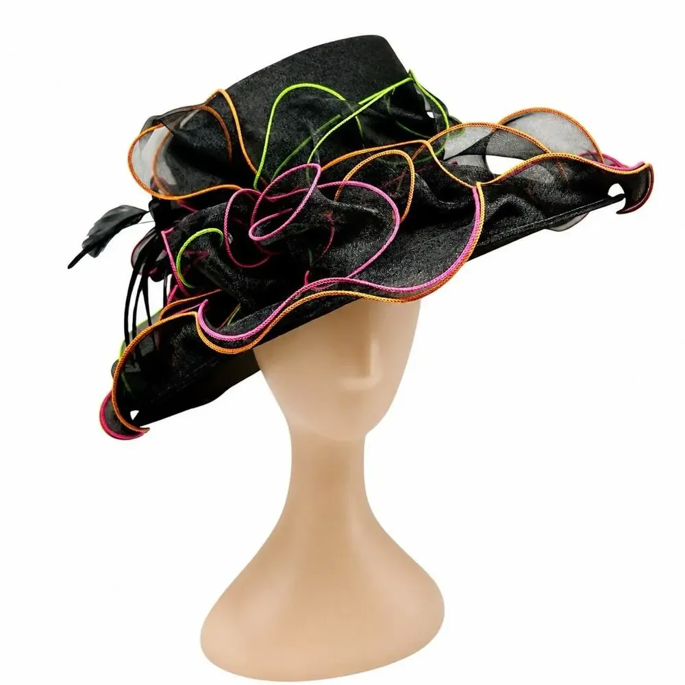 Y2K Black Organza Kentucky Derby Hat Wide Brim Neon Trim Feather Race Day Vtg